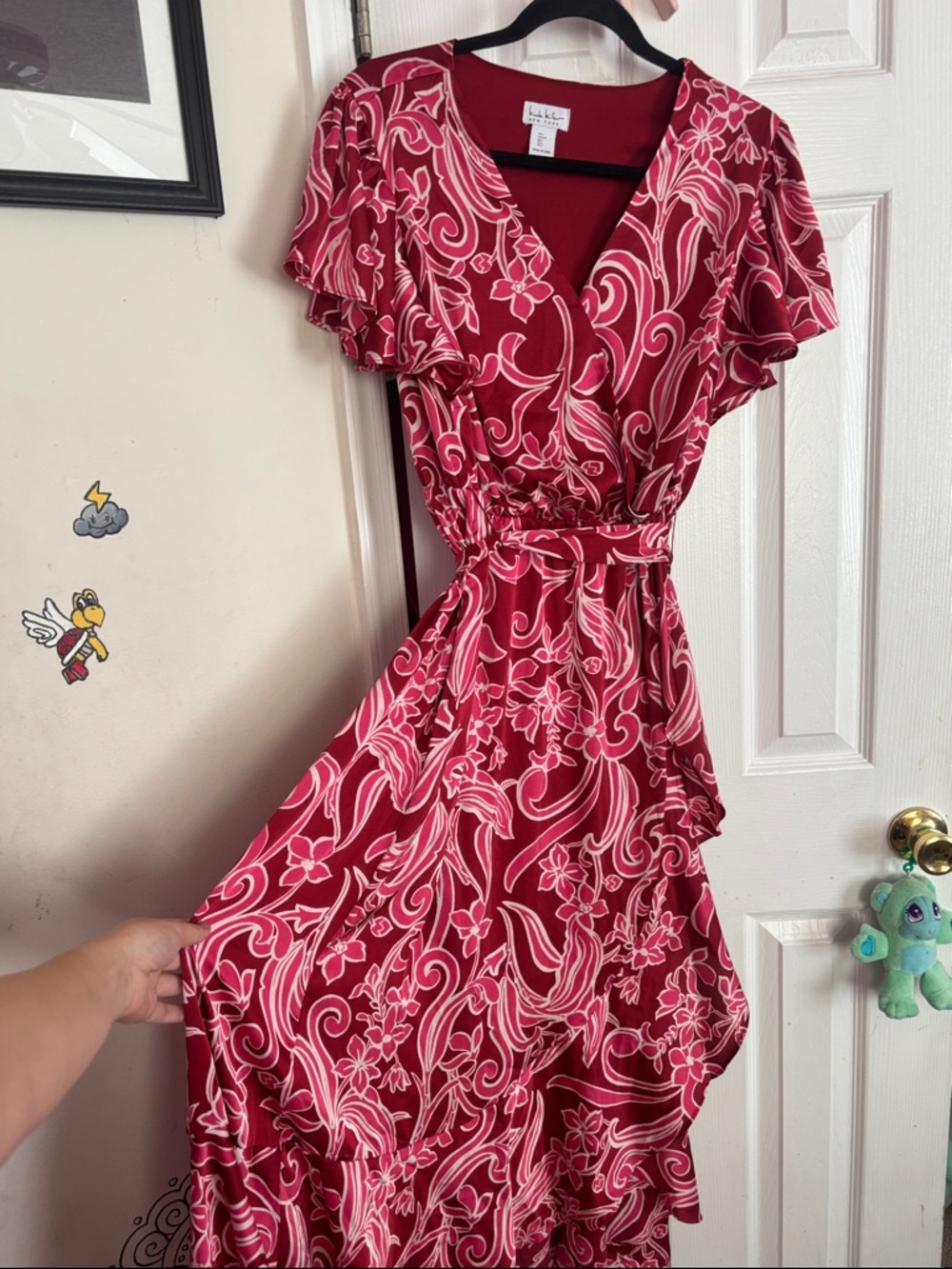 Floral Wrap Midi Dress in Pink with Ruffle Sleeves